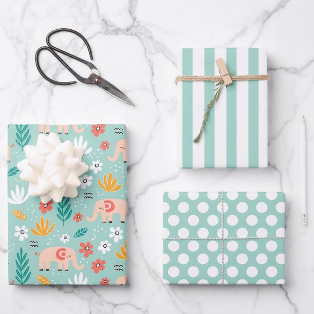 Niedliche Elefanten Wrapping Paper Set von 3 Geschenkpapier Set (Vorderseite)