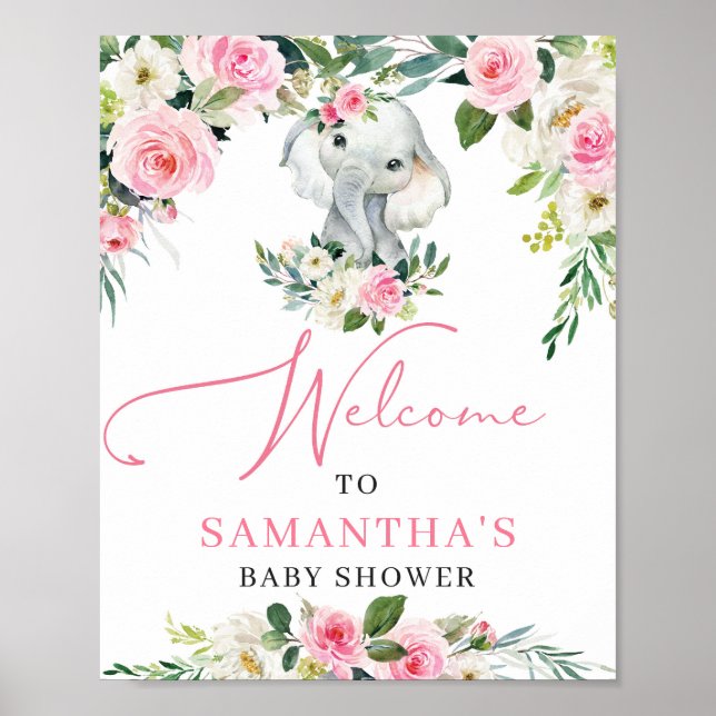 Niedliche Elefantendusche aus Rosa Blütenbaby Poster (Vorne)