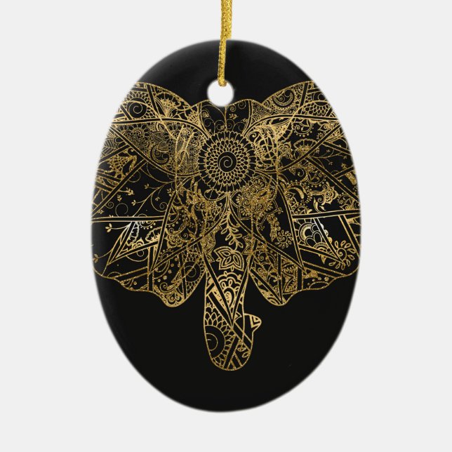 Niedliche Elefantenhand gezeichnet Henna blühend Keramikornament (Vorne)
