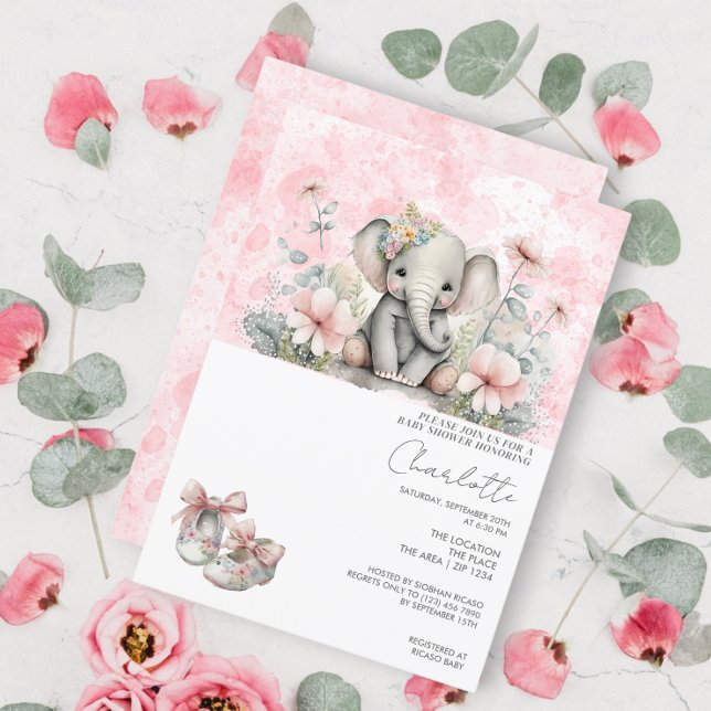Niedliche Elefantenjungfrau mit Blume Babydusche Einladung (Von Creator hochgeladen)