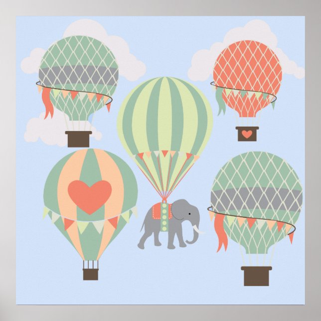 Niedliche Elefantenreiten Heißluftballons steigen Poster (Vorne)