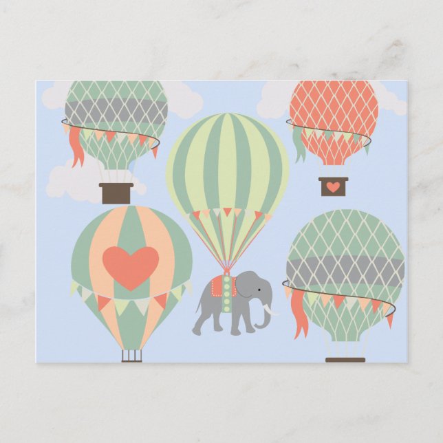 Niedliche Elefantenreiten Heißluftballons steigen Postkarte (Vorderseite)