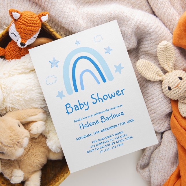 Niedliche Elegant Blue Rainbow Baby Dusche Einladung (Cute Elegant Blue Rainbow Baby Shower Invitation)