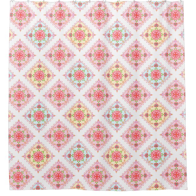 Niedliche Elegant-Blüte in Diamant Tiles-Muster Duschvorhang (Vorderseite)