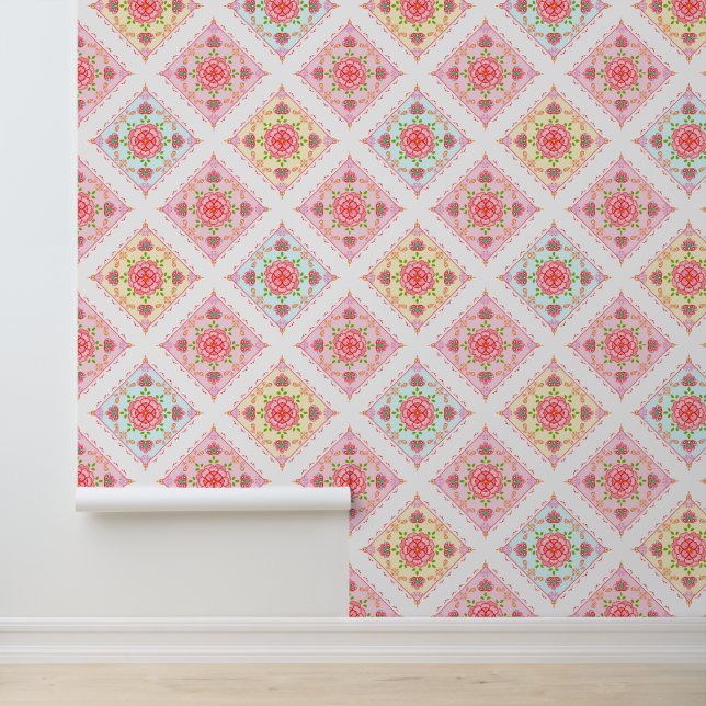 Niedliche Elegant-Blüte in Diamant Tiles-Muster Tapete (Anwendung)