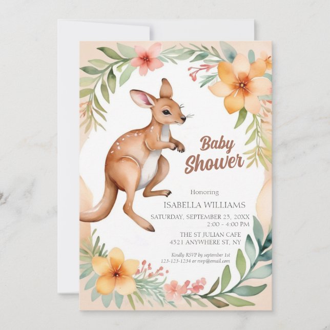 Niedliche Elegant Floral Kangaroo Baby Dusche Einladung (Vorderseite)