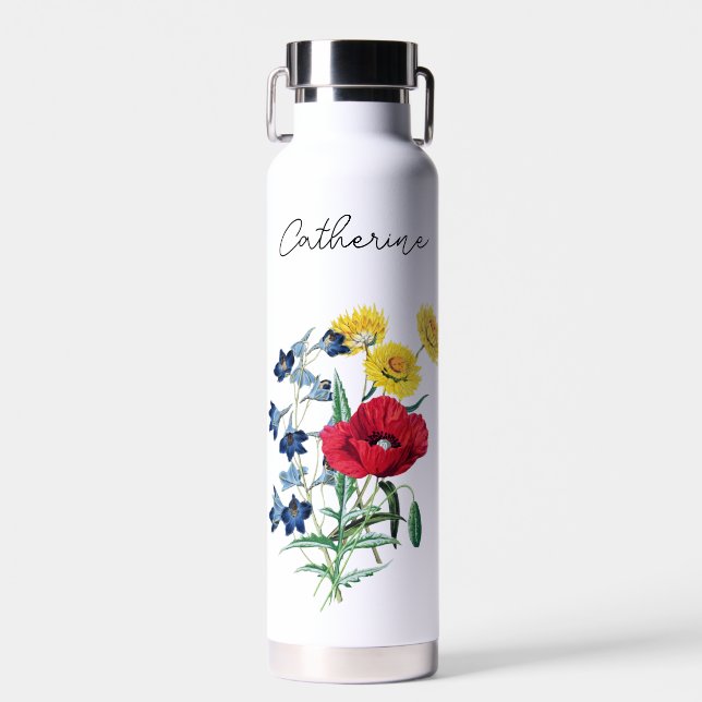 Niedliche Elegant Poppy Bluebells Daisy Blume Name Trinkflasche (Vorne)