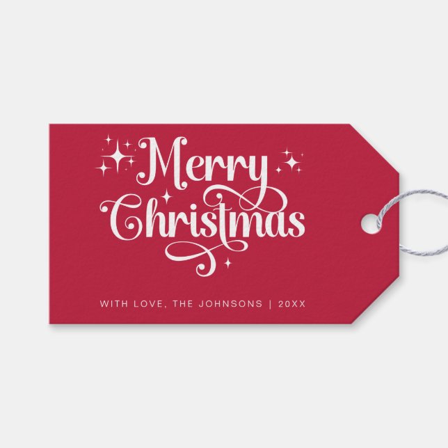 Niedliche Elegant Retro Rot und Weiß Frohe Weihnac Geschenkanhänger (Vorderseite (Horizontal))