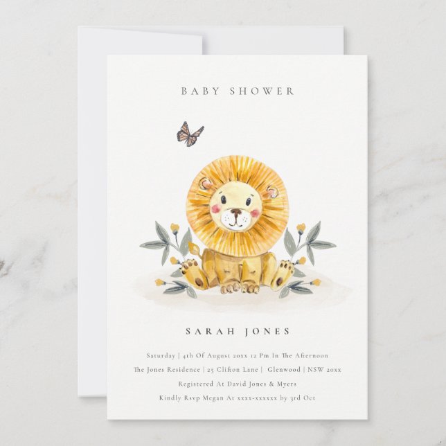 Niedliche Elegant Woodland Lion Foliage Babydusche Einladung (Vorderseite)