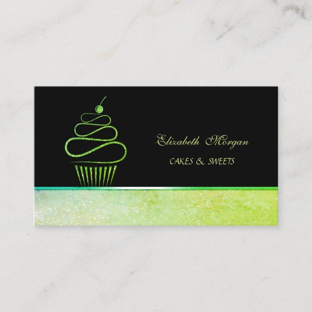 Niedliche Elegante Grüne Glitzer Kuchen Bäckerei Visitenkarte (Vorderseite)