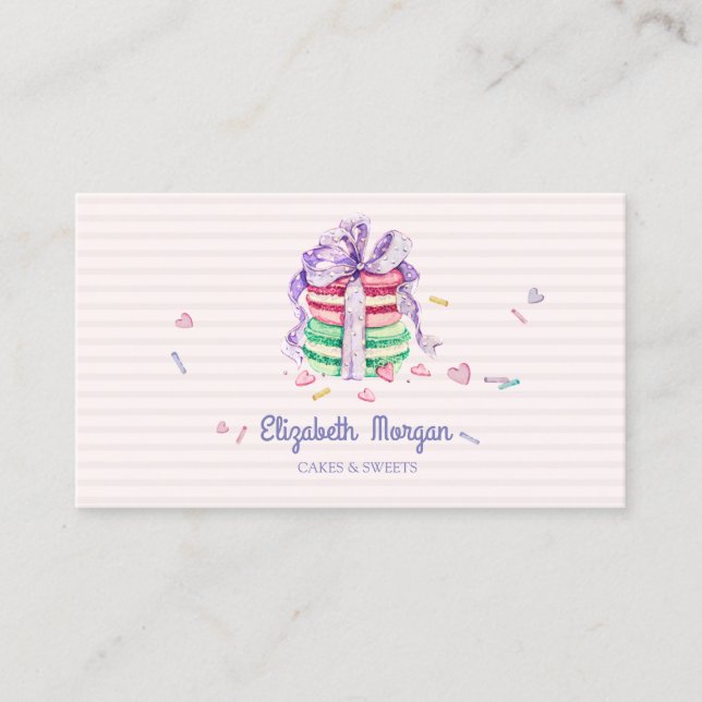 Niedliche elegante Macarons, Süßigkeiten, gestreif Visitenkarte (Vorderseite)