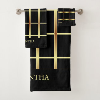 Niedliche, elegante schwarz-goldene geometrische Q Badhandtuch Set
