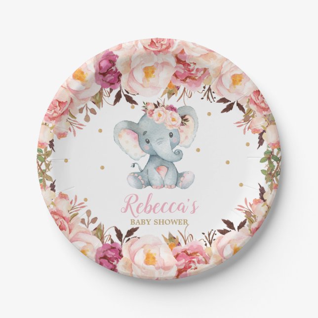 Niedliche Elephant Baby Dusche Blush Blumendessert Pappteller (Vorderseite)