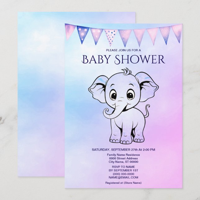 Niedliche Elephant Baby Dusche Einladung (Vorne/Hinten)