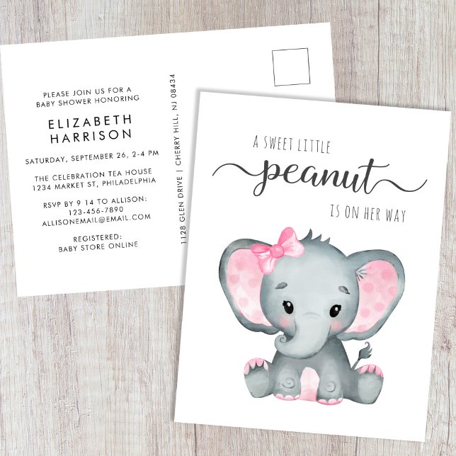 Niedliche Elephant Baby Girl Dusche Einladungspostkarte (Von Creator hochgeladen)