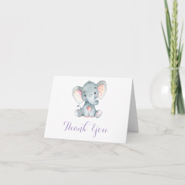 Niedliche Elephant Baby Girl Lila und grau Dankeskarte (Vorderseite)