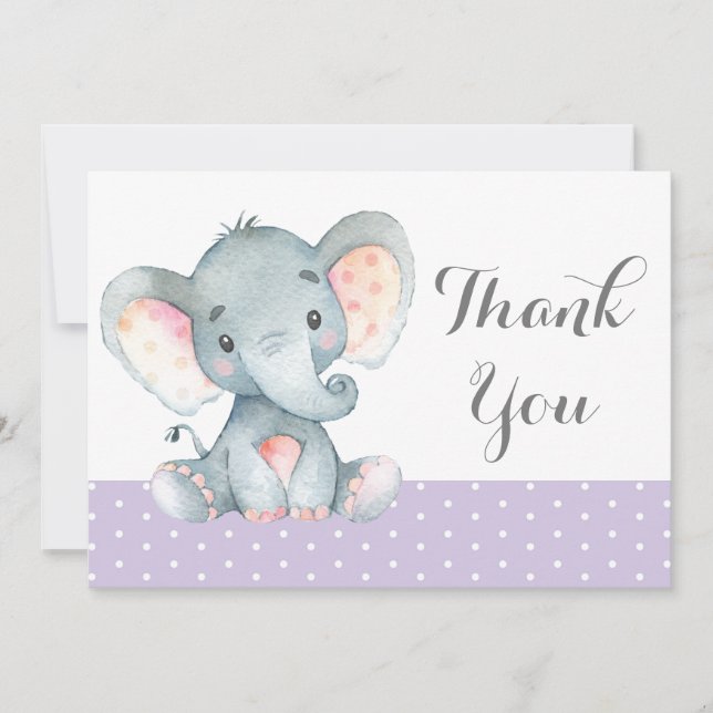 Niedliche Elephant Baby Girl Lila und grau Dankeskarte (Vorderseite)