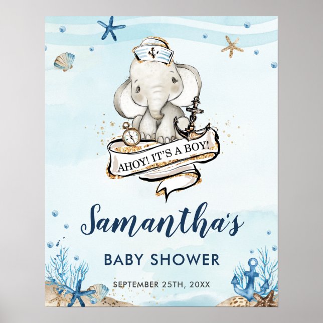 Niedliche Elephant Babydusche für Nautical Sailor  Poster (Vorne)