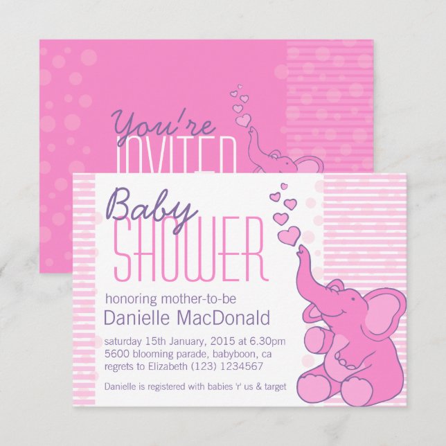 Niedliche Elephant Babydusche hübsch rosa Einladun Einladung (Vorne/Hinten)
