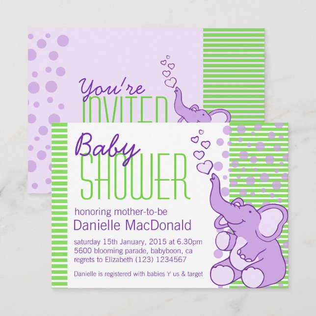 Niedliche Elephant Babydusche lila grüne Einladung (Vorne/Hinten)