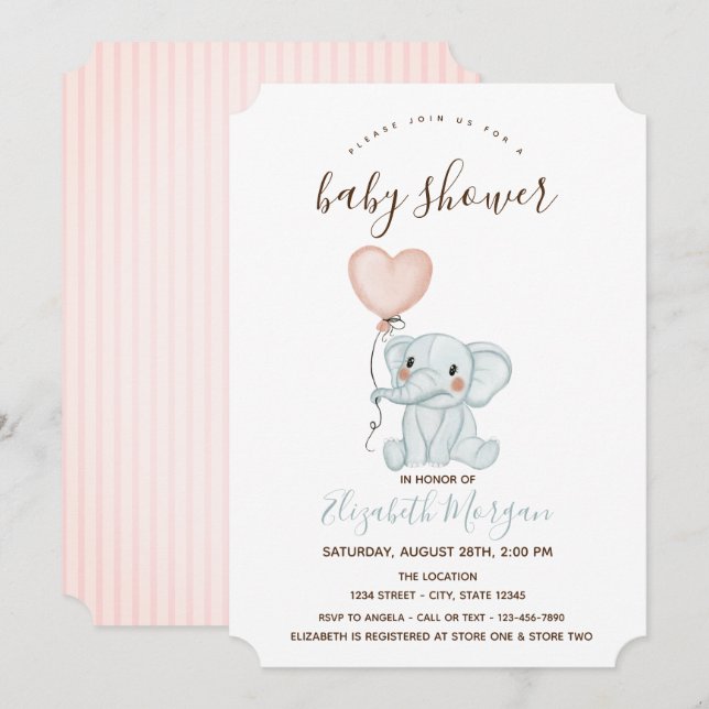 Niedliche Elephant Balloons Rosa Streifen Babydusc Einladung (Vorne/Hinten)