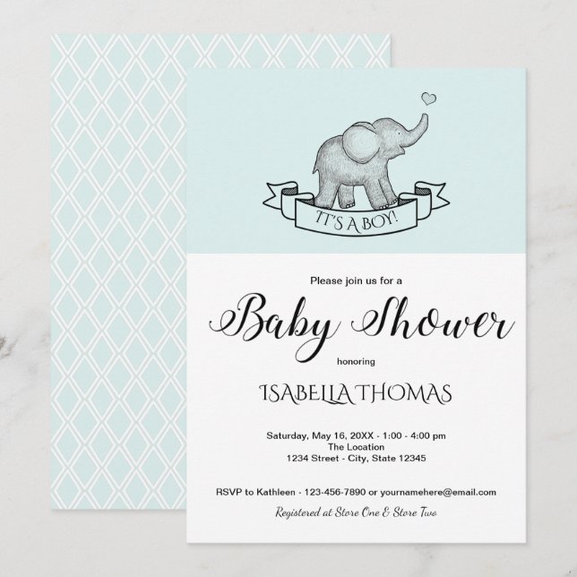 Niedliche Elephant Blue Baby Dusche Einladung (Vorne/Hinten)