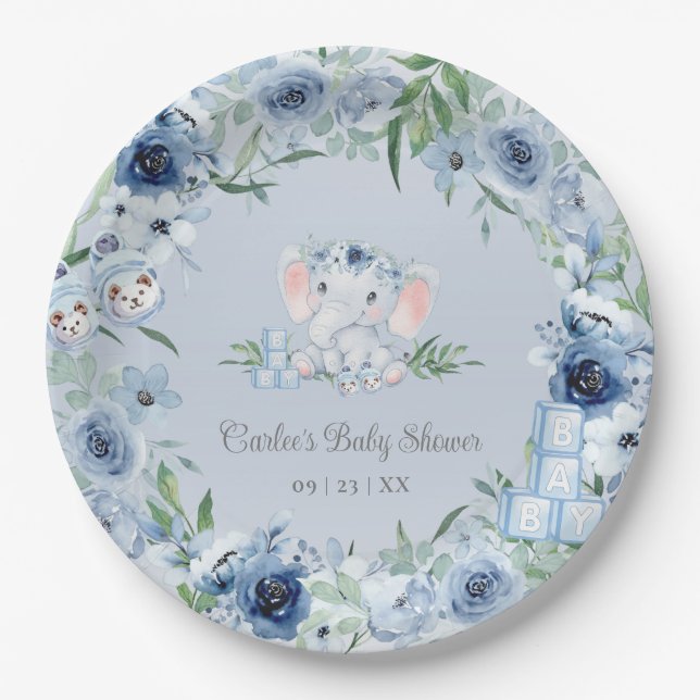Niedliche Elephant Blue Floral Baby Baby Babydusch Pappteller (Vorderseite)