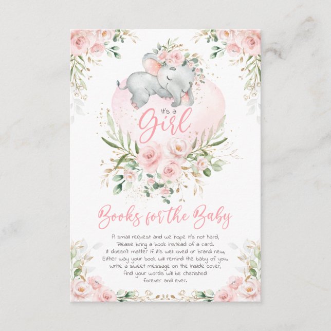 Niedliche Elephant Blush Gold Floral Books für Bab Begleitkarte (Vorderseite)
