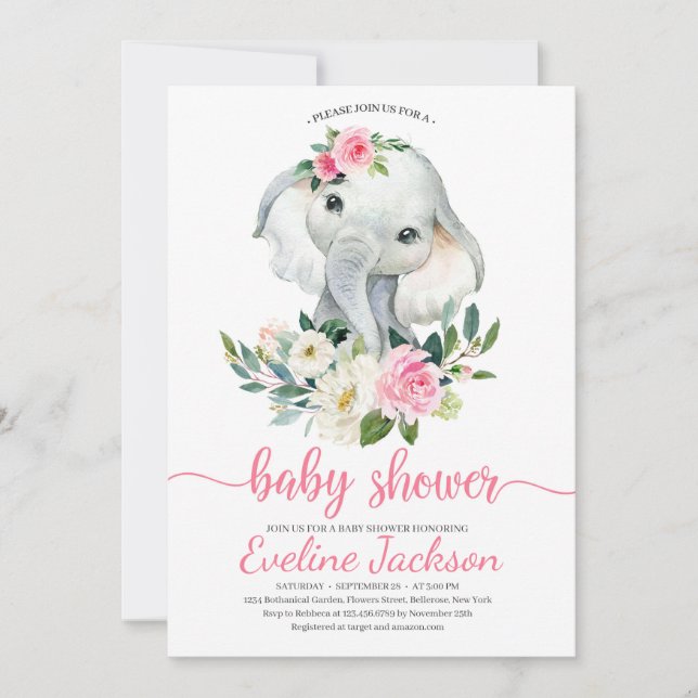 Niedliche Elephant Blush Pink Bloral Baby Dusche l Einladung (Vorderseite)