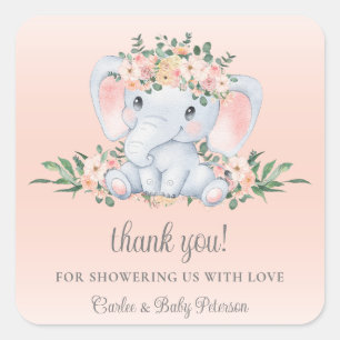 Niedliche Elephant Blush Pink Floral Girl Babydusc Quadratischer Aufkleber