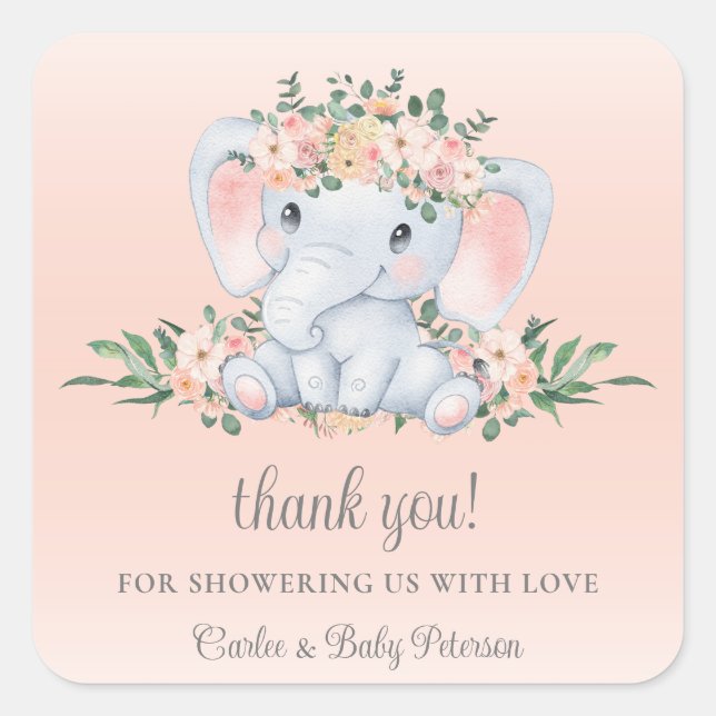 Niedliche Elephant Blush Pink Floral Girl Babydusc Quadratischer Aufkleber (Vorderseite)