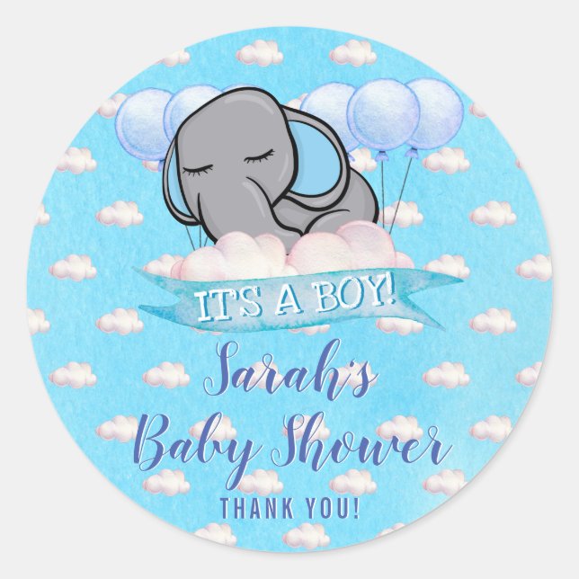 Niedliche Elephant Boy Blue Baby Dusche Wasserfarb Runder Aufkleber (Vorderseite)