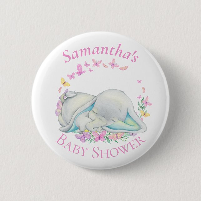 Niedliche Elephant Butterflies Blue Baby Showknopf Button (Vorderseite)
