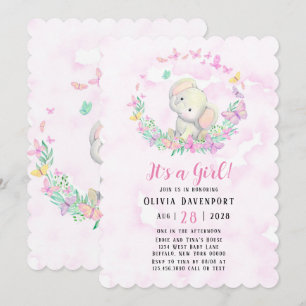 Niedliche Elephant & Butterflies Girl Baby Dusche Einladung