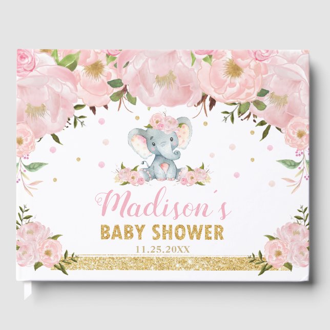 Niedliche Elephant Chic Blush Pink Floral Baby Dus Gästebuch (Vorderseite)