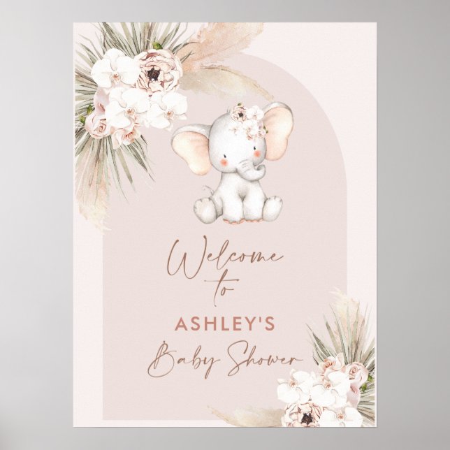 Niedliche Elephant Floral Boho Arch Baby Dusche Wi Poster (Vorne)