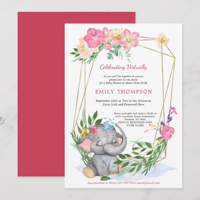 Niedliche Elephant Floral Geometric Virtual Baby D Einladung (Vorne/Hinten)
