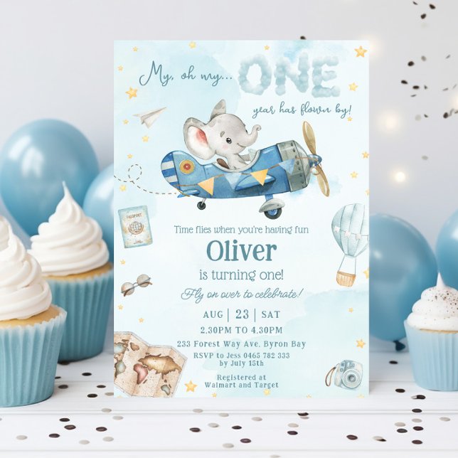 Niedliche Elephant Flugzeug Time Fliegt 1. Geburts Einladung (cute elephant riding blue airplane adventure time flies 1st first birthday invitation turning one)