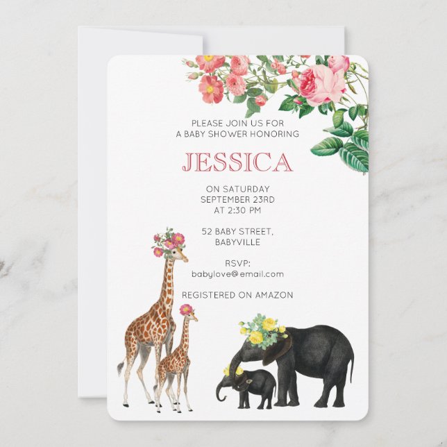Niedliche Elephant & Giraffe Floral Baby Girl Dusc Einladung (Rückseite)