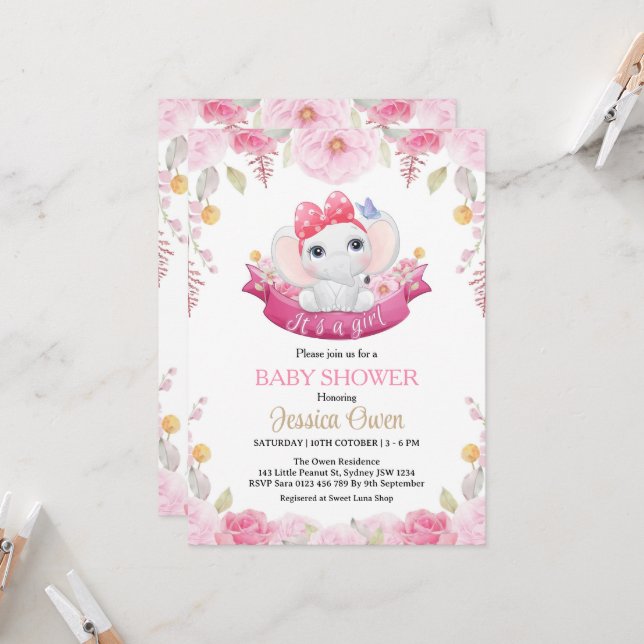 Niedliche Elephant Girl Baby Dusche Einladung (Vorderseite/Rückseite Beispiel)