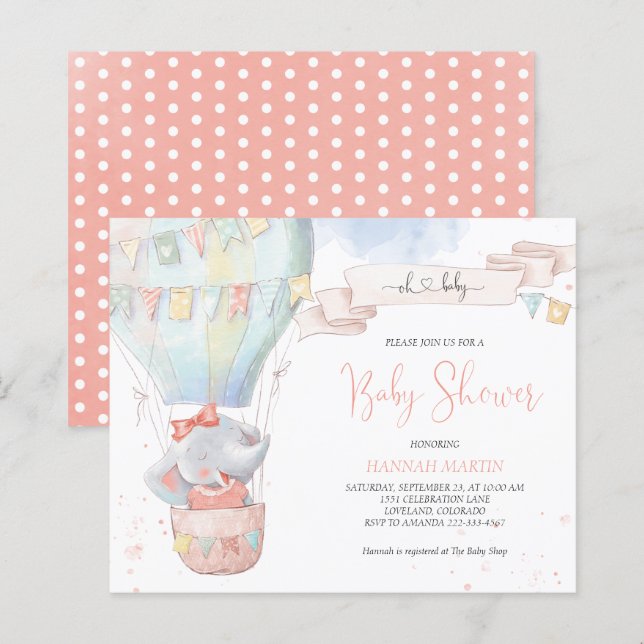 Niedliche Elephant Girl Pink Kinderdusche Einladun (Vorne/Hinten)