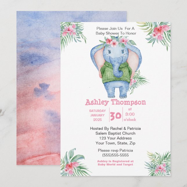 Niedliche Elephant Girls Babydusche Einladung (Vorne/Hinten)