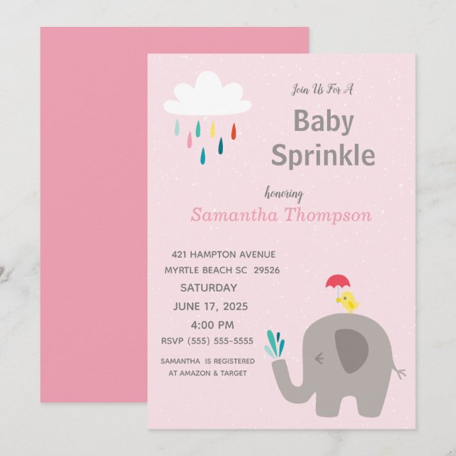 Niedliche Elephant Girls Pink Baby Sprinkle Dusche Einladung (Vorne/Hinten)