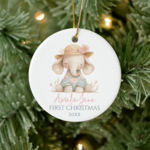 Niedliche Elephant Illustration Girl Erstes Weihna Keramik Ornament