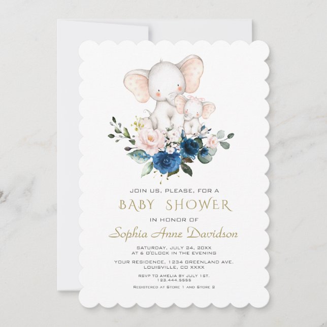 Niedliche Elephant Pink Blue Flowers Babydusche Einladung (Vorderseite)