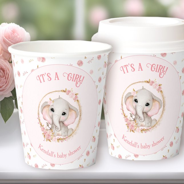 Niedliche Elephant Pink Blume Babyduschpapier-Tass Pappbecher (Cute Elephant Pink Flowers Baby Shower Paper Cups)