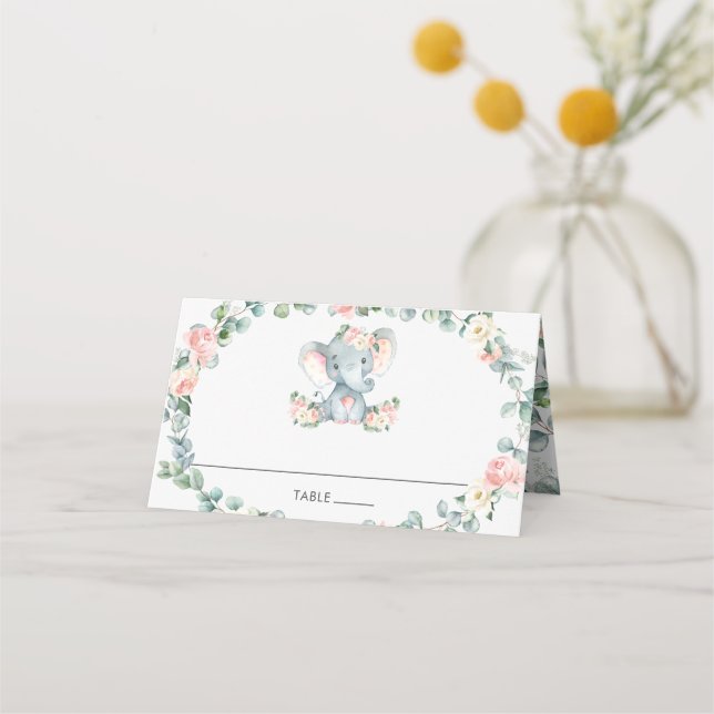 Niedliche Elephant Pink Blumengrün Babydusche Platzkarte (Vorderseite)