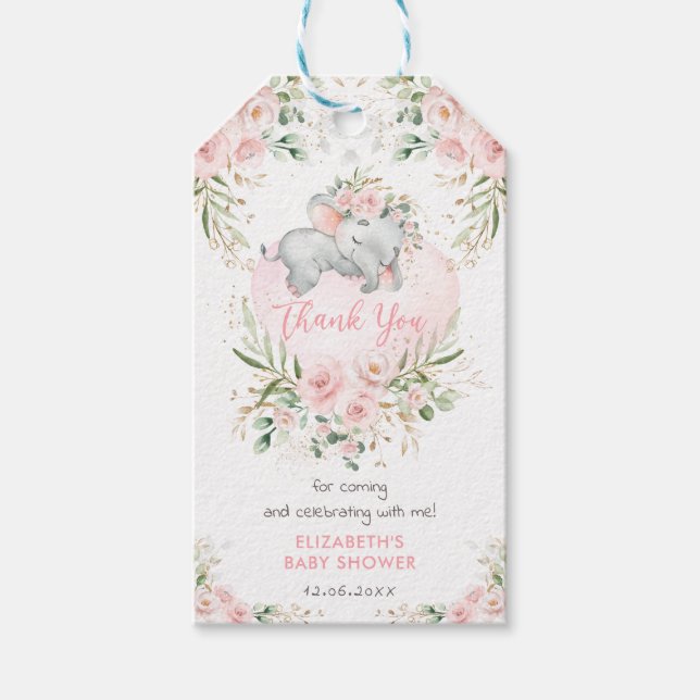 Niedliche Elephant Pink Blush Gold Floral Baby Dus Geschenkanhänger (Vorderseite)
