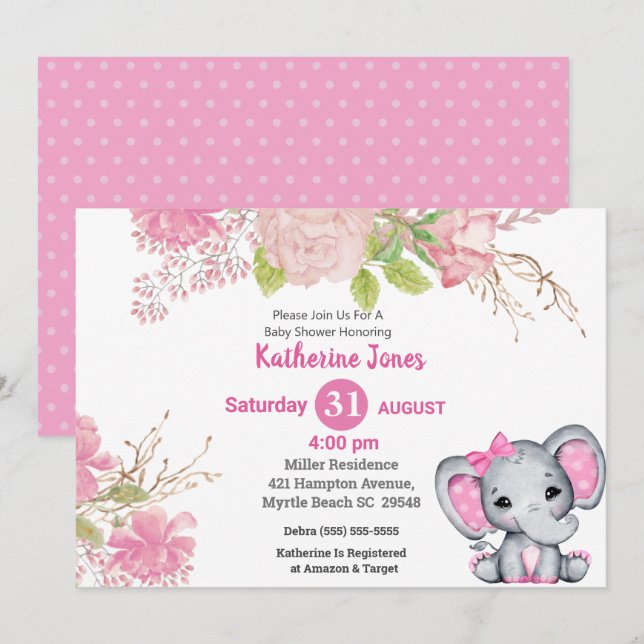 Niedliche Elephant Pink Floral Baby Dusche Einladu Einladung (Vorne/Hinten)