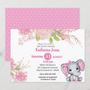 Niedliche Elephant Pink Floral Baby Dusche Einladu Einladung